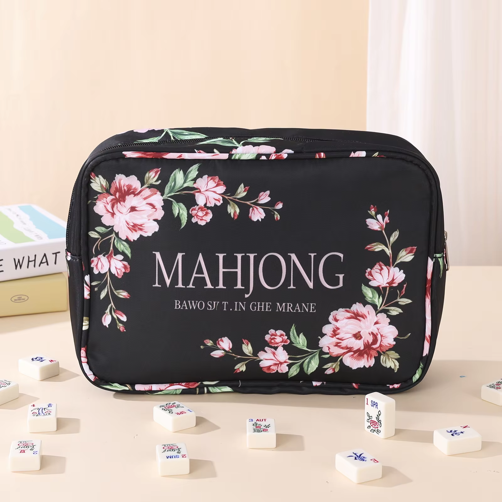 Black floral mahjong carry bag