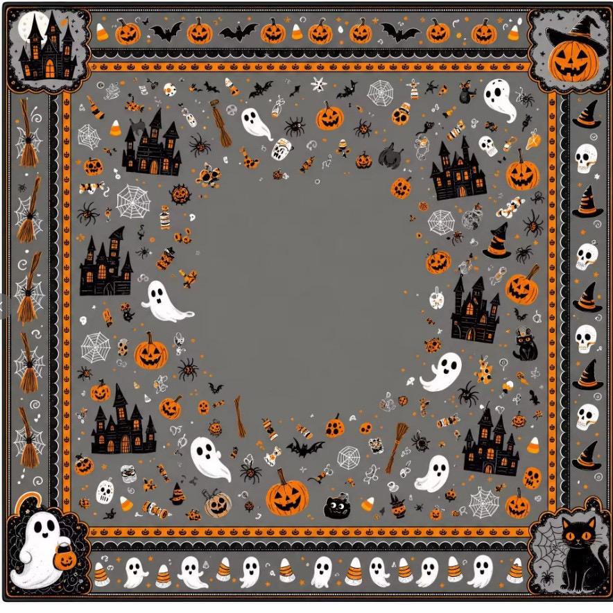 Halloween mahjong mat with pumpkins, ghosts and cobweb motifs